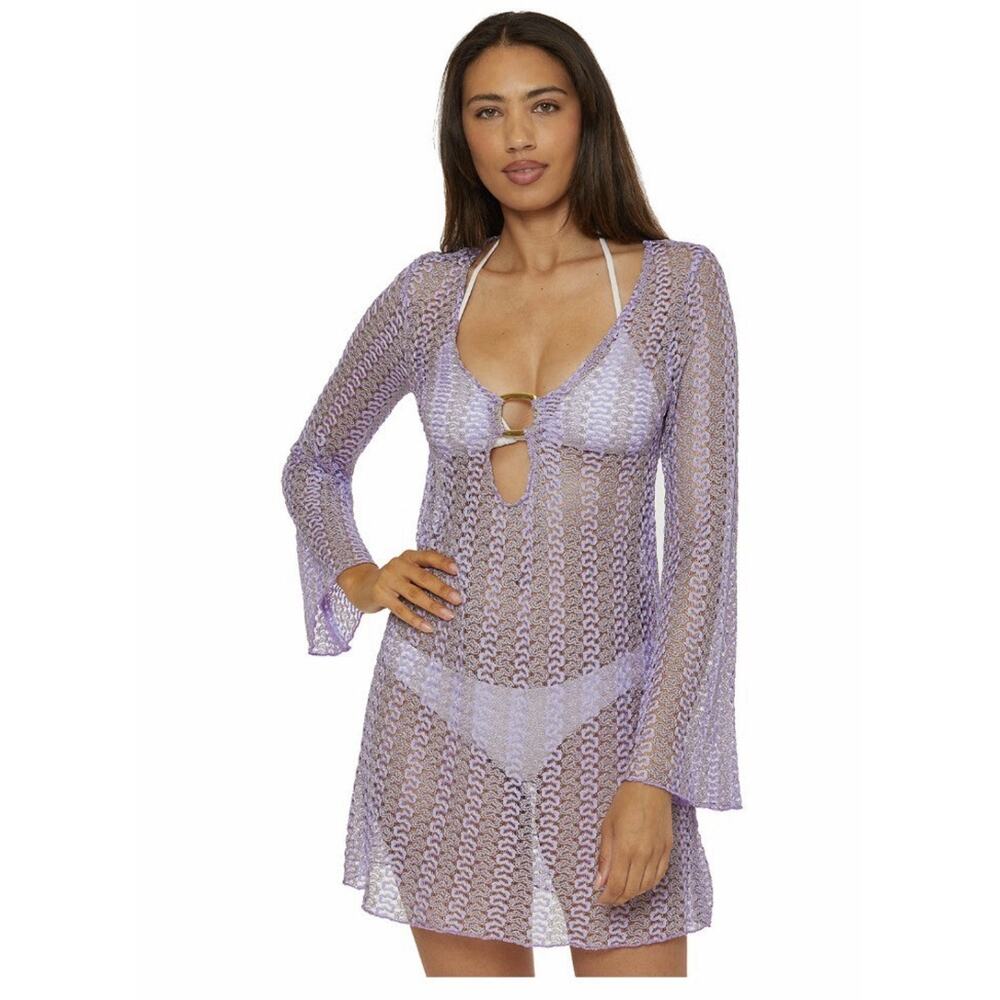 NWT Becca by Rebecca Virtue Golden Crochet Tunic Swim Cover Up Purple Size Small